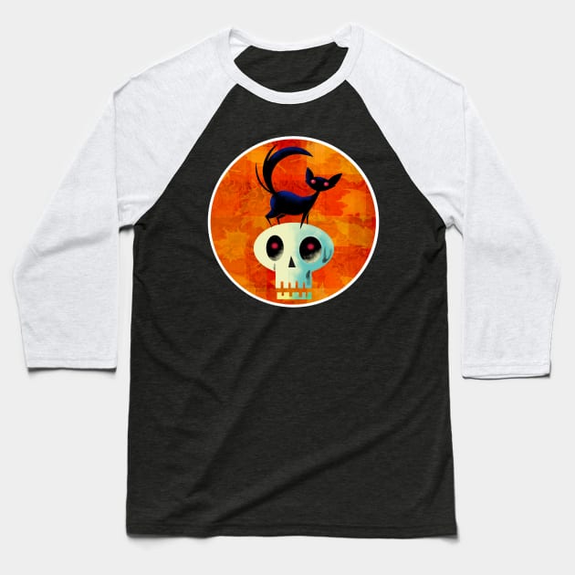 Halloween Cat on Skull Baseball T-Shirt by Scratch